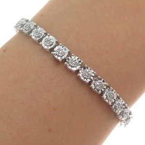 925 Sterling Silver Real Round-Cut Diamond Tennis Link Bracelet 7.25"